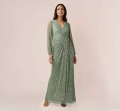 Adrianna Papell Metallic Crinkled Mesh Draped Long Gown In Green Slate