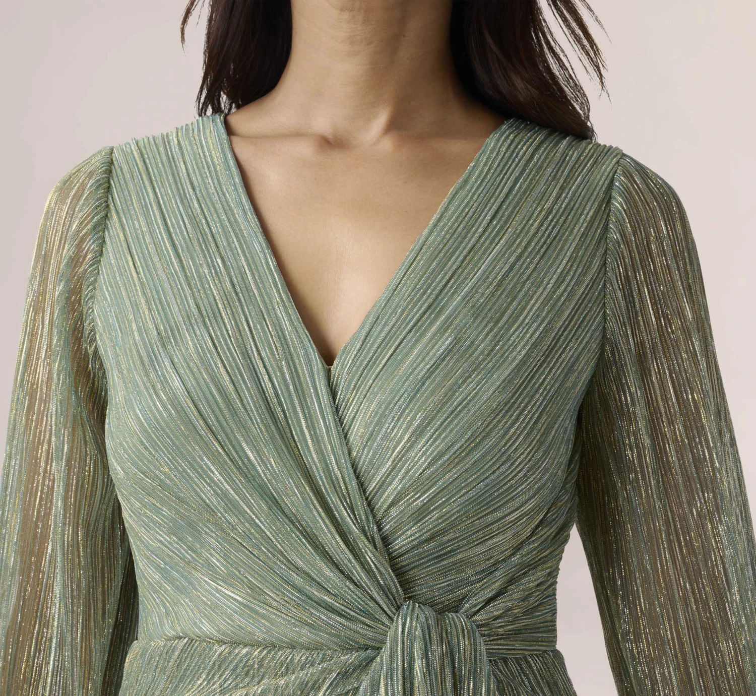Adrianna Papell Metallic Crinkled Mesh Draped Long Gown In Green Slate 5 Adrianna Papell Metallic Crinkled Mesh Draped Long Gown In Green Slate - Image 3