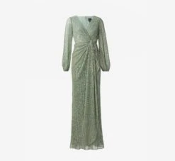 Adrianna Papell Metallic Crinkled Mesh Draped Long Gown In Green Slate 11 Adrianna Papell Metallic Crinkled Mesh Draped Long Gown In Green Slate -Adrianna Papell Shop AP1E210265 AA355 Regular Flat