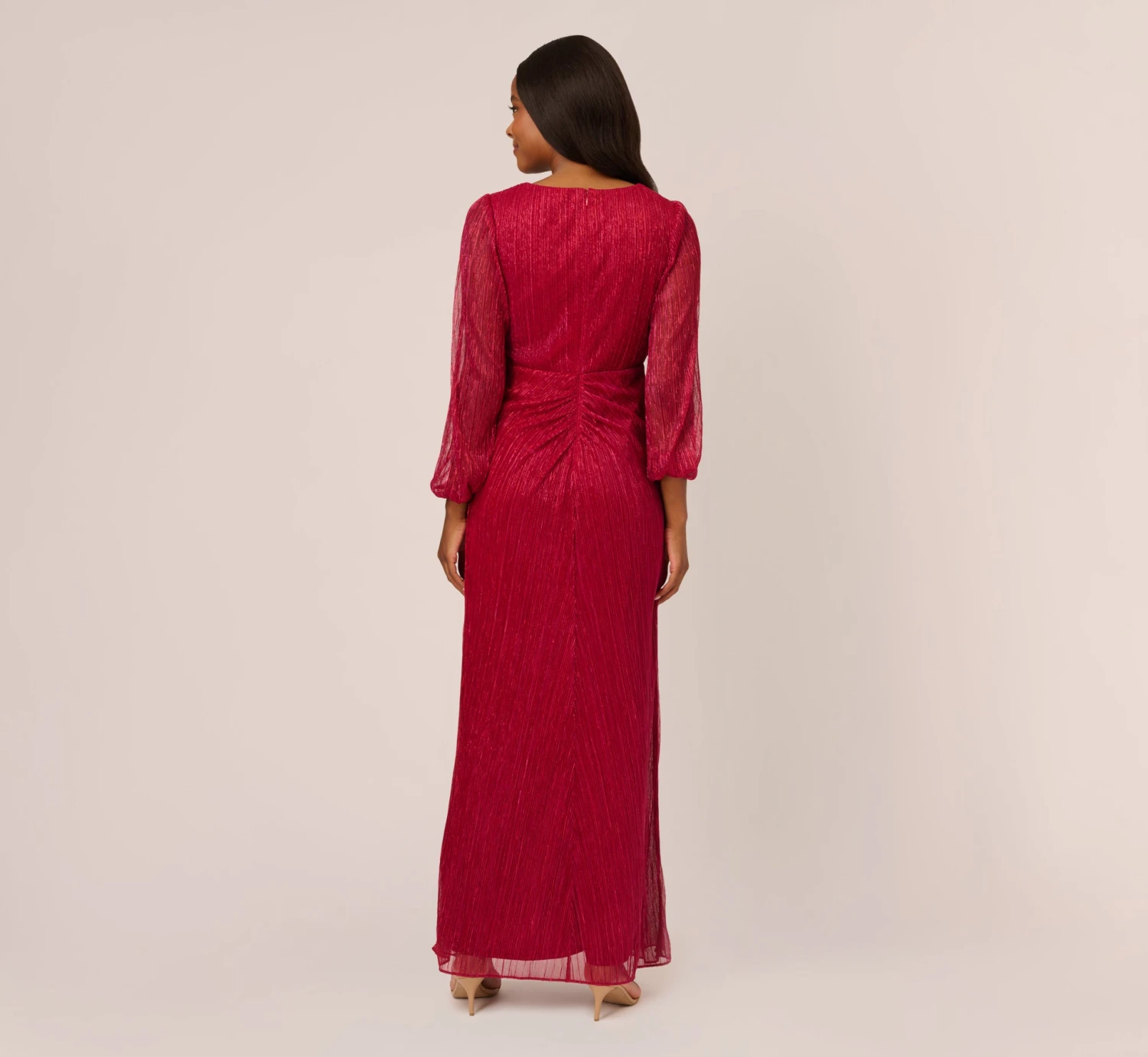 Adrianna Papell Metallic Crinkled Mesh Draped Long Gown In Scarlet 6 Adrianna Papell Metallic Crinkled Mesh Draped Long Gown In Scarlet - Image 4