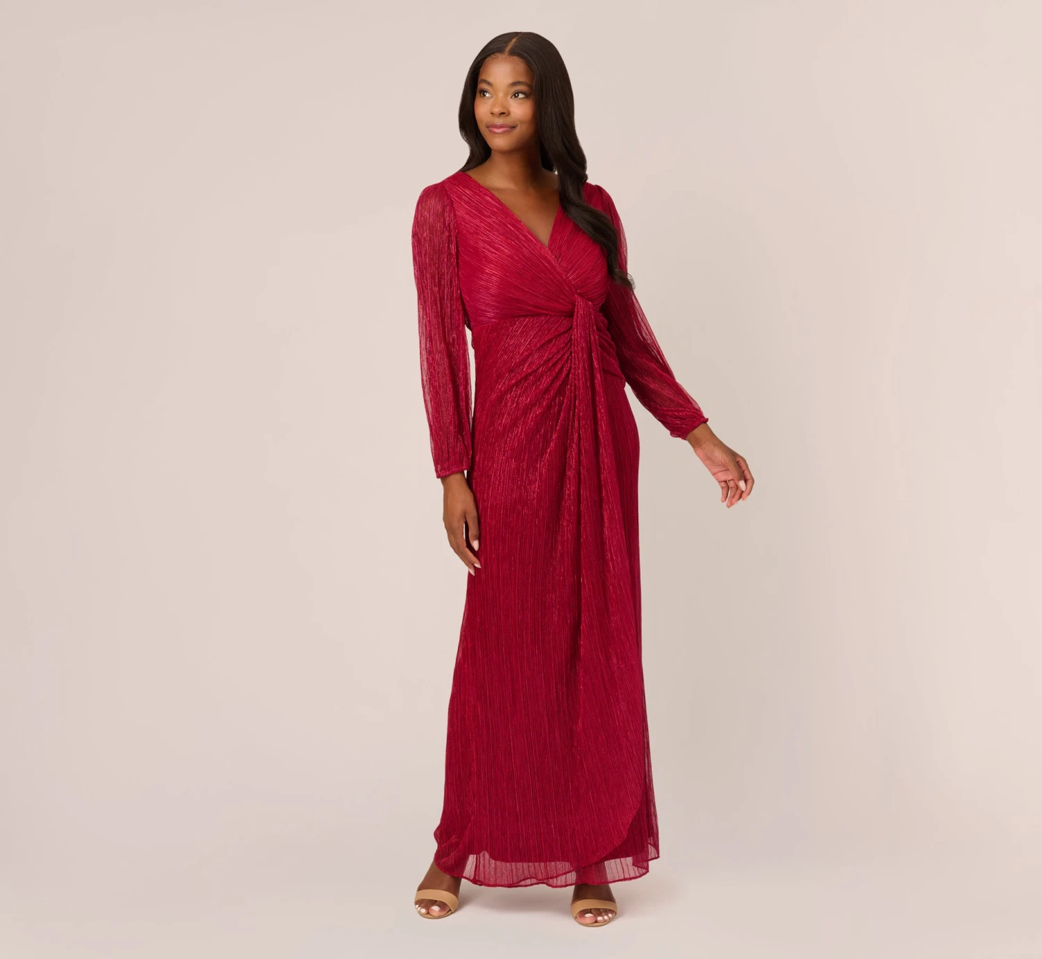 Adrianna Papell Metallic Crinkled Mesh Draped Long Gown In Scarlet 3 Adrianna Papell Metallic Crinkled Mesh Draped Long Gown In Scarlet
