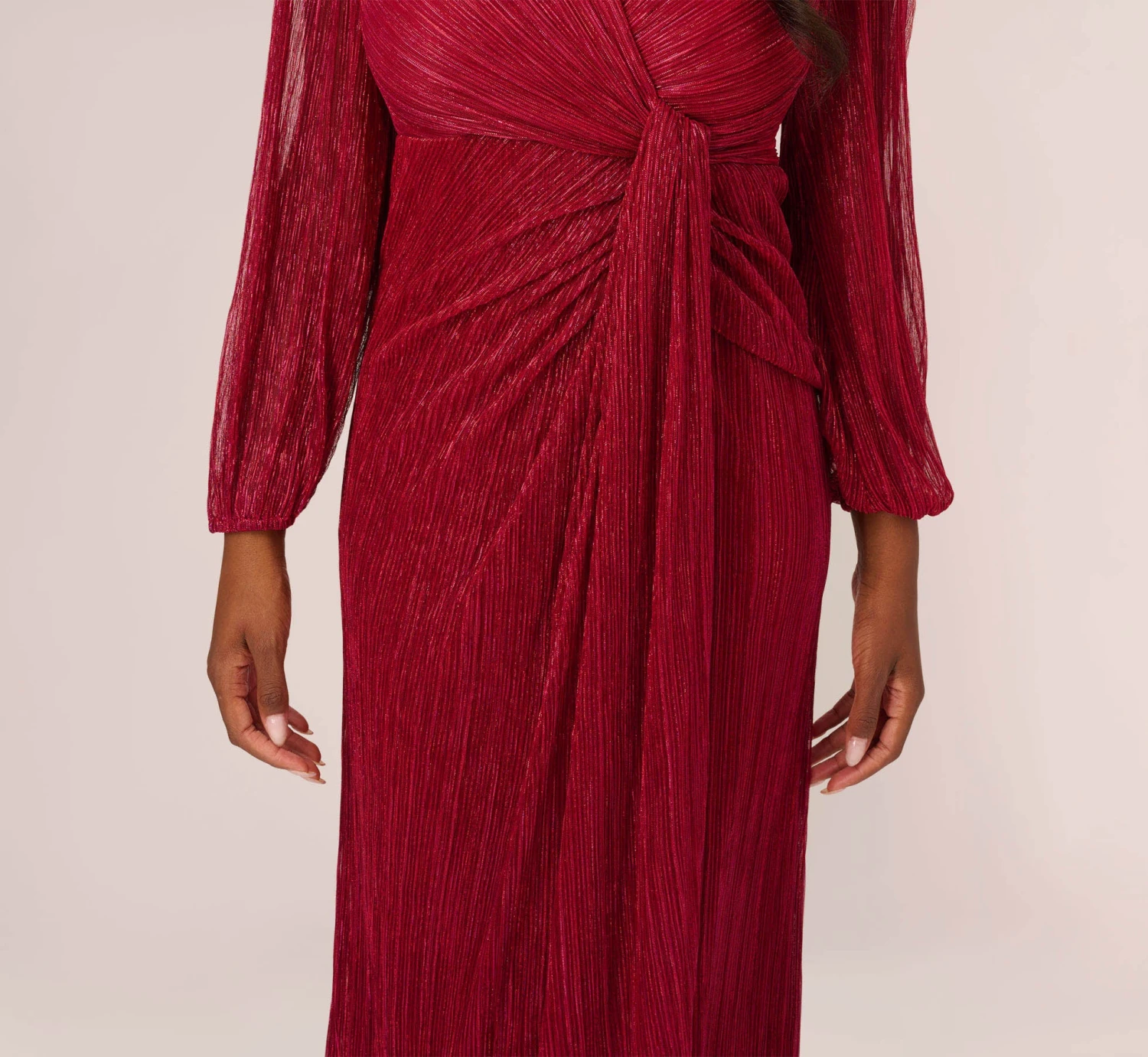 Adrianna Papell Metallic Crinkled Mesh Draped Long Gown In Scarlet 7 Adrianna Papell Metallic Crinkled Mesh Draped Long Gown In Scarlet - Image 5