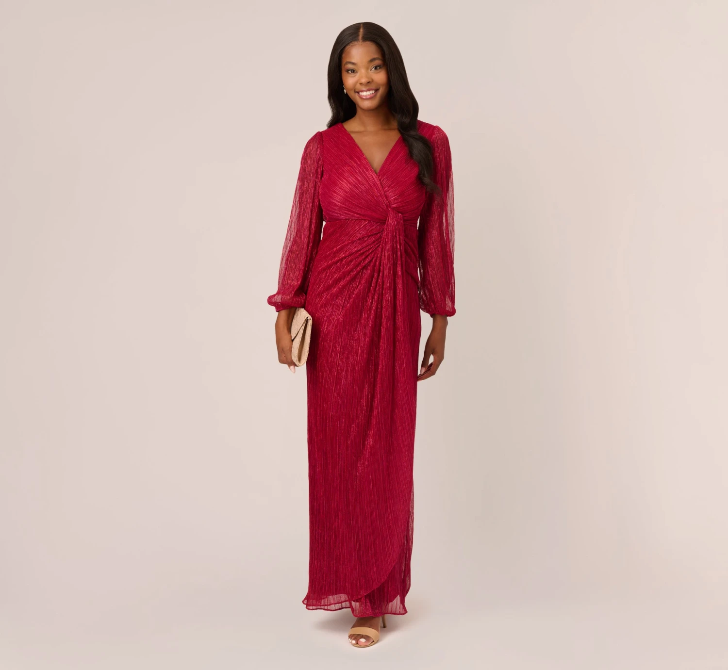 Adrianna Papell Metallic Crinkled Mesh Draped Long Gown In Scarlet 4 Adrianna Papell Metallic Crinkled Mesh Draped Long Gown In Scarlet - Image 2