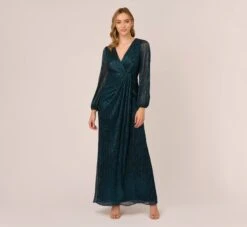 Adrianna Papell Metallic Crinkled Mesh Draped Long Gown In Teal Sapphire