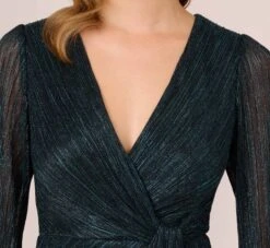 Adrianna Papell Metallic Crinkled Mesh Draped Long Gown In Teal Sapphire -Adrianna Papell Shop AP1E210265 AL473 Regular Detail