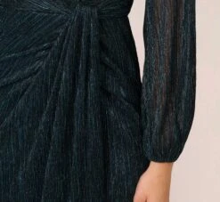 Adrianna Papell Metallic Crinkled Mesh Draped Long Gown In Teal Sapphire -Adrianna Papell Shop AP1E210265 AL473 Regular Lifestyle