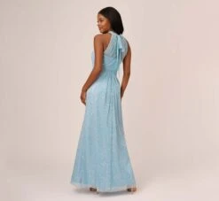 Adrianna Papell Floral Metallic Stencil Long Halter Gown In Light Blue -Adrianna Papell Shop AP1E210280 AA486 Regular Back