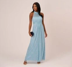 Adrianna Papell Floral Metallic Stencil Long Halter Gown In Light Blue -Adrianna Papell Shop AP1E210280 AA486 Regular Side