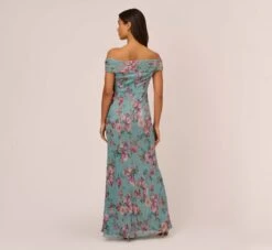 Adrianna Papell Floral Print Off The Shoulder Metallic Crinkled Mesh Long Gown In Aqua Multi 11 Adrianna Papell Floral Print Off The Shoulder Metallic Crinkled Mesh Long Gown In Aqua Multi -Adrianna Papell Shop AP1E210282 BZ980 Regular Back