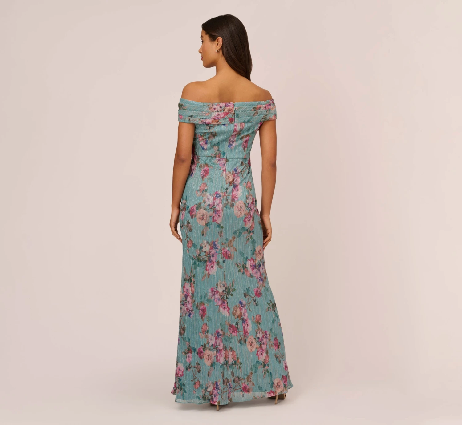 Adrianna Papell Floral Print Off The Shoulder Metallic Crinkled Mesh Long Gown In Aqua Multi 6 Adrianna Papell Floral Print Off The Shoulder Metallic Crinkled Mesh Long Gown In Aqua Multi - Image 4