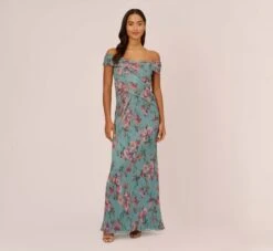 Adrianna Papell Floral Print Off The Shoulder Metallic Crinkled Mesh Long Gown In Aqua Multi