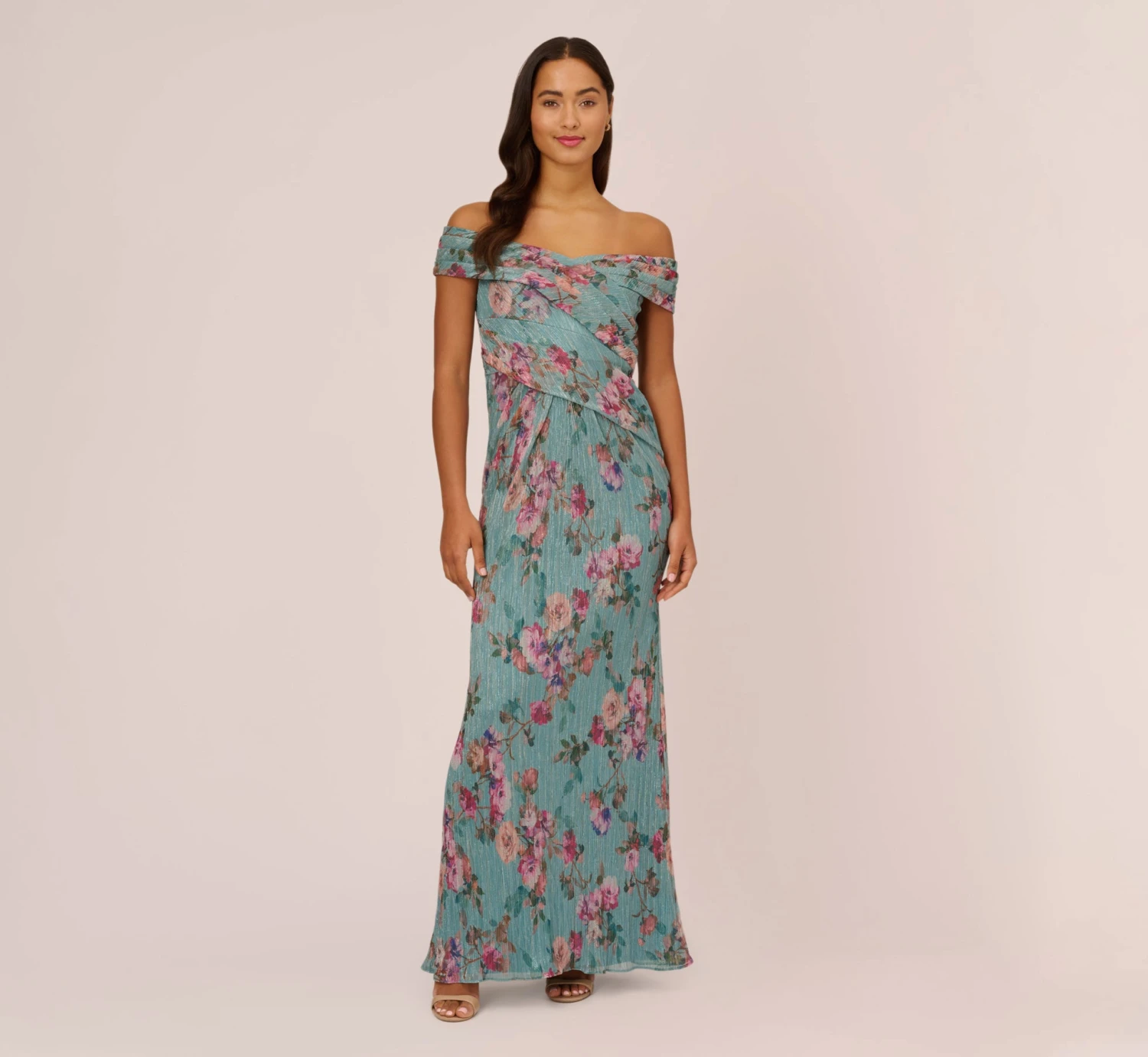 Adrianna Papell Floral Print Off The Shoulder Metallic Crinkled Mesh Long Gown In Aqua Multi 3 Adrianna Papell Floral Print Off The Shoulder Metallic Crinkled Mesh Long Gown In Aqua Multi