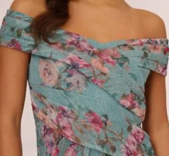 Adrianna Papell Floral Print Off The Shoulder Metallic Crinkled Mesh Long Gown In Aqua Multi 10 Adrianna Papell Floral Print Off The Shoulder Metallic Crinkled Mesh Long Gown In Aqua Multi -Adrianna Papell Shop AP1E210282 BZ980 Regular Lifestyle