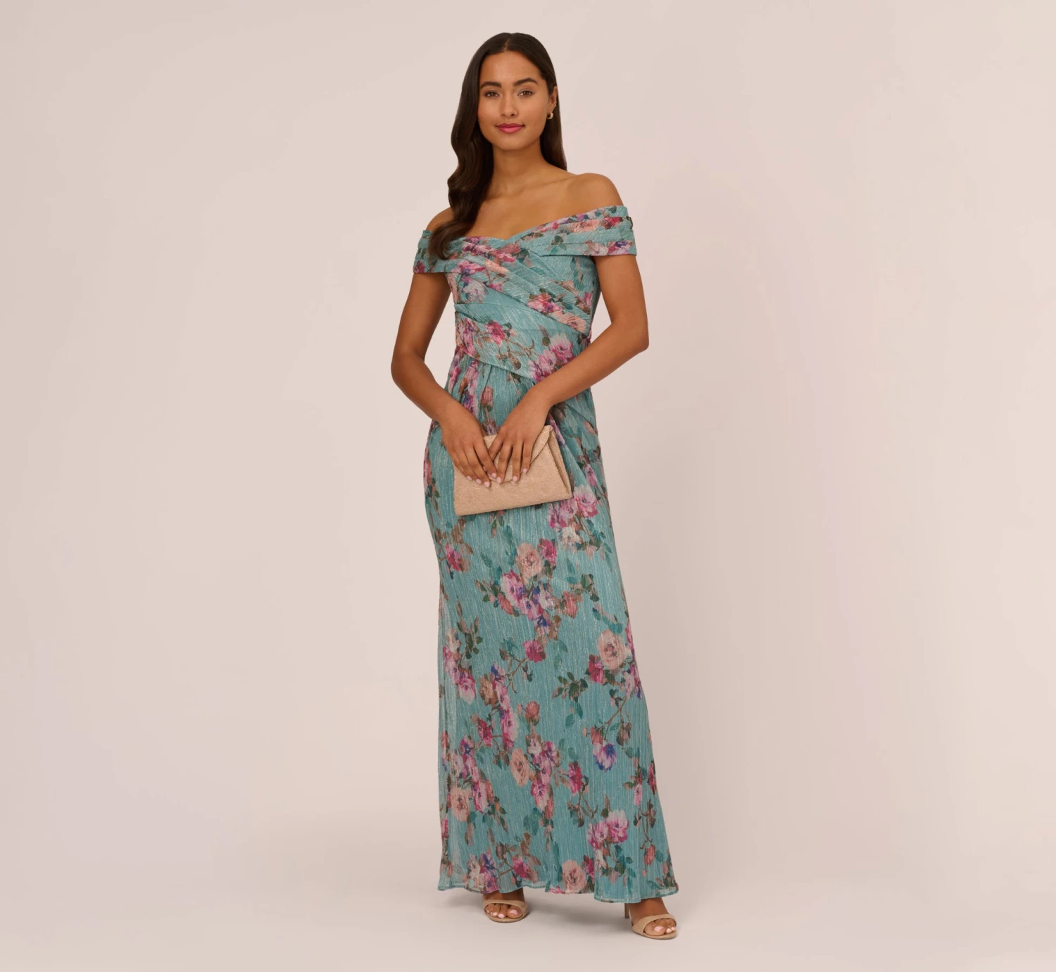 Adrianna Papell Floral Print Off The Shoulder Metallic Crinkled Mesh Long Gown In Aqua Multi 4 Adrianna Papell Floral Print Off The Shoulder Metallic Crinkled Mesh Long Gown In Aqua Multi - Image 2