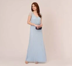 Adrianna Papell Hand-Beaded Illusion Long Blouson Gown In Elegant Sky