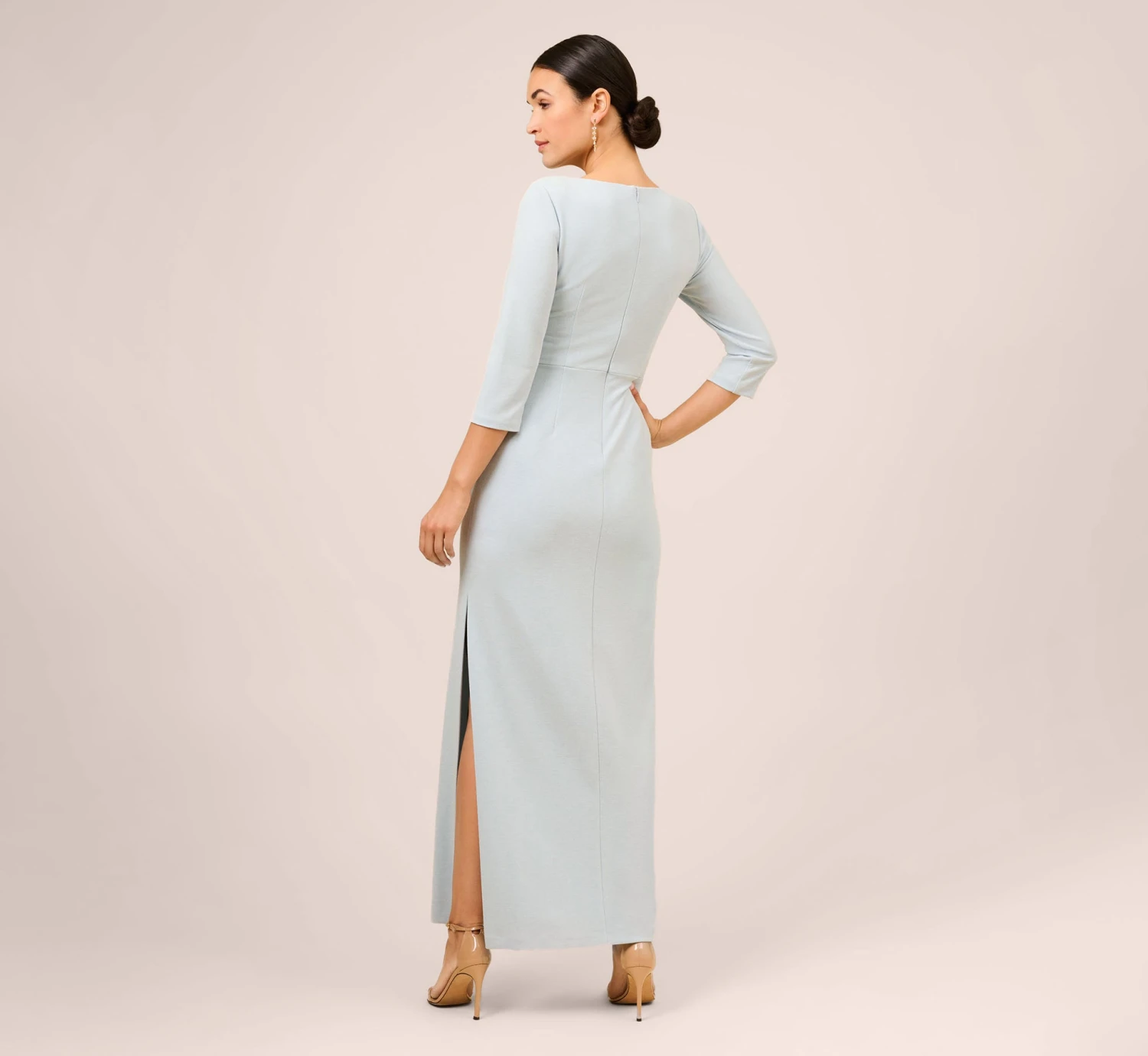 Adrianna Papell Metallic Knit Tie-Front Long Column Gown In Skyway 6 Adrianna Papell Metallic Knit Tie-Front Long Column Gown In Skyway - Image 4