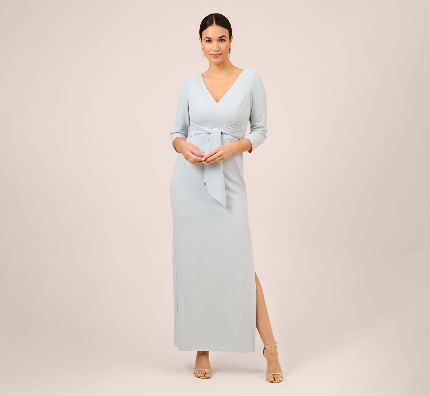 Adrianna Papell Metallic Knit Tie-Front Long Column Gown In Skyway 3 Adrianna Papell Metallic Knit Tie-Front Long Column Gown In Skyway