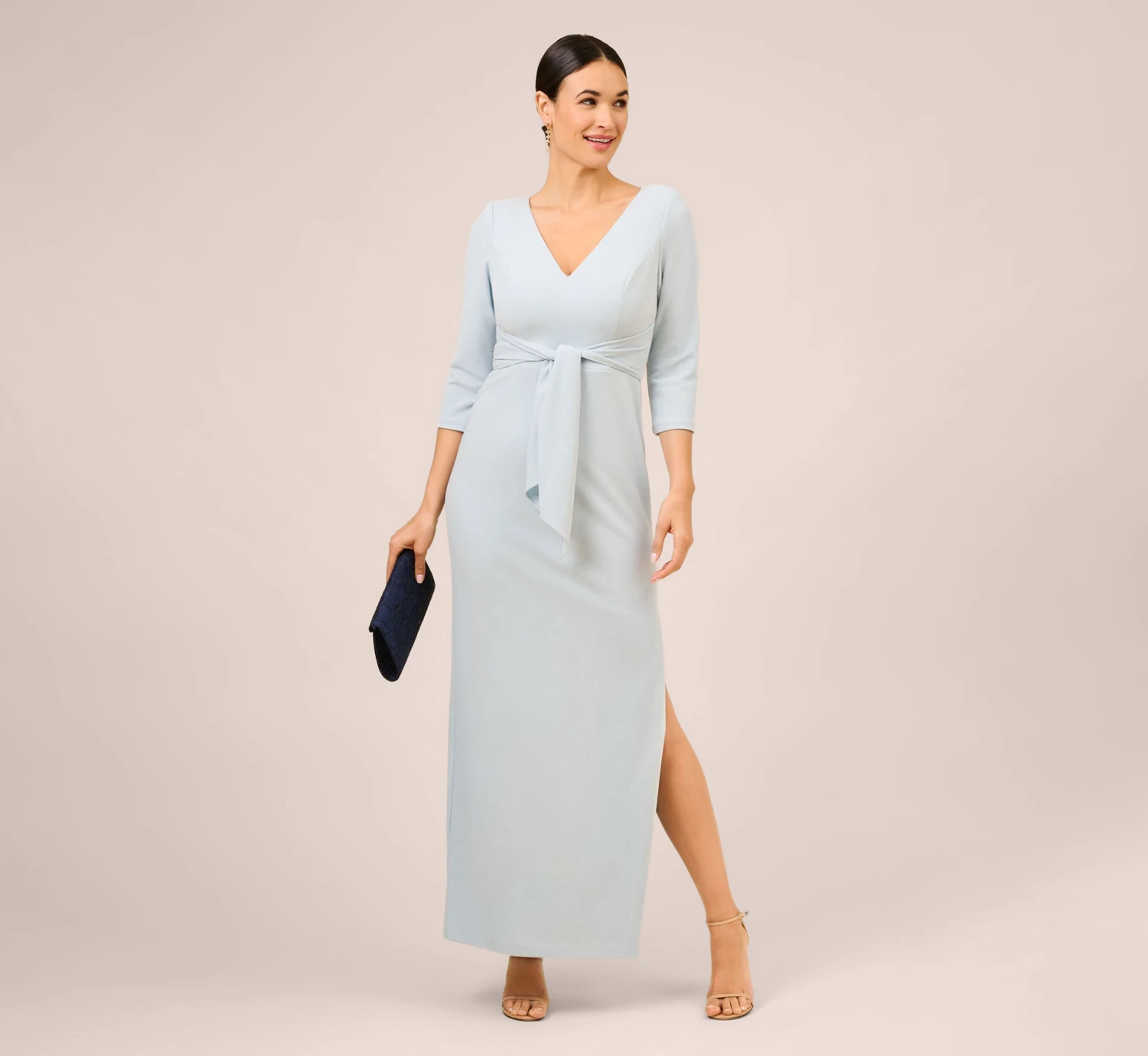 Adrianna Papell Metallic Knit Tie-Front Long Column Gown In Skyway 4 Adrianna Papell Metallic Knit Tie-Front Long Column Gown In Skyway - Image 2