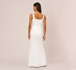 Adrianna Papell Satin Crepe Mermaid Gown With Tie Waist In Ivory -Adrianna Papell Shop AP1E210310 AA194 Regular Back