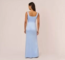 Adrianna Papell Satin Crepe Mermaid Gown With Tie Waist In Blue Breeze -Adrianna Papell Shop AP1E210310 AD497 Regular Back