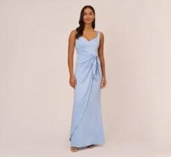Adrianna Papell Satin Crepe Mermaid Gown With Tie Waist In Blue Breeze