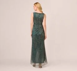 Adrianna Papell Metallic Mesh Faux Wrap Gown With Ruffle Accents In Evergreen -Adrianna Papell Shop AP1E210373 AC303 Regular Back