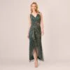 Adrianna Papell Metallic Mesh Faux Wrap Gown With Ruffle Accents In Evergreen