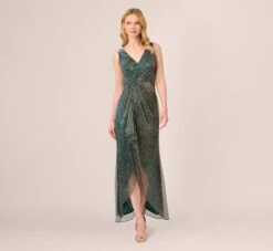 Adrianna Papell Metallic Mesh Faux Wrap Gown With Ruffle Accents In Evergreen