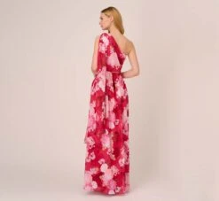 Adrianna Papell Floral Print One Shoulder Chiffon Long Gown In Pink Multi -Adrianna Papell Shop AP1E210404 AE970 Regular Back