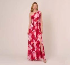 Adrianna Papell Floral Print One Shoulder Chiffon Long Gown In Pink Multi
