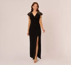 Adrianna Papell Flutter Sleeve Mermaid Gown With Beaded Details In Black
