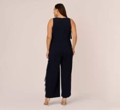 Adrianna Papell Plus Size Chiffon And Crepe Wide Leg Jumpsuit In Midnight -Adrianna Papell Shop AP1E210423 AB411 Plus Back