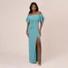 Adrianna Papell Knit Crepe And Organza Off The Shoulder Long Column Gown With Tiered Sleeves In Moody Aqua -Adrianna Papell Shop AP1E210424 AD434 Regular Default