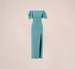 Adrianna Papell Knit Crepe And Organza Off The Shoulder Long Column Gown With Tiered Sleeves In Moody Aqua -Adrianna Papell Shop AP1E210424 AD434 Regular Flat