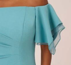 Adrianna Papell Knit Crepe And Organza Off The Shoulder Long Column Gown With Tiered Sleeves In Moody Aqua -Adrianna Papell Shop AP1E210424 AD434 Regular Lifestyle
