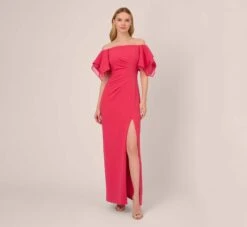 Adrianna Papell Knit Crepe And Organza Off The Shoulder Long Column Gown With Tiered Sleeves In Pink Lotus