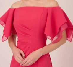 Adrianna Papell Knit Crepe And Organza Off The Shoulder Long Column Gown With Tiered Sleeves In Pink Lotus -Adrianna Papell Shop AP1E210424 AG661 Regular Detail
