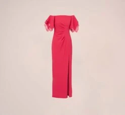 Adrianna Papell Knit Crepe And Organza Off The Shoulder Long Column Gown With Tiered Sleeves In Pink Lotus -Adrianna Papell Shop AP1E210424 AG661 Regular Flat