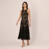 Adrianna Papell Floral Beaded Blouson Tea Length Dress In Black Gold -Adrianna Papell Shop AP1E210437 AA967 Regular Default