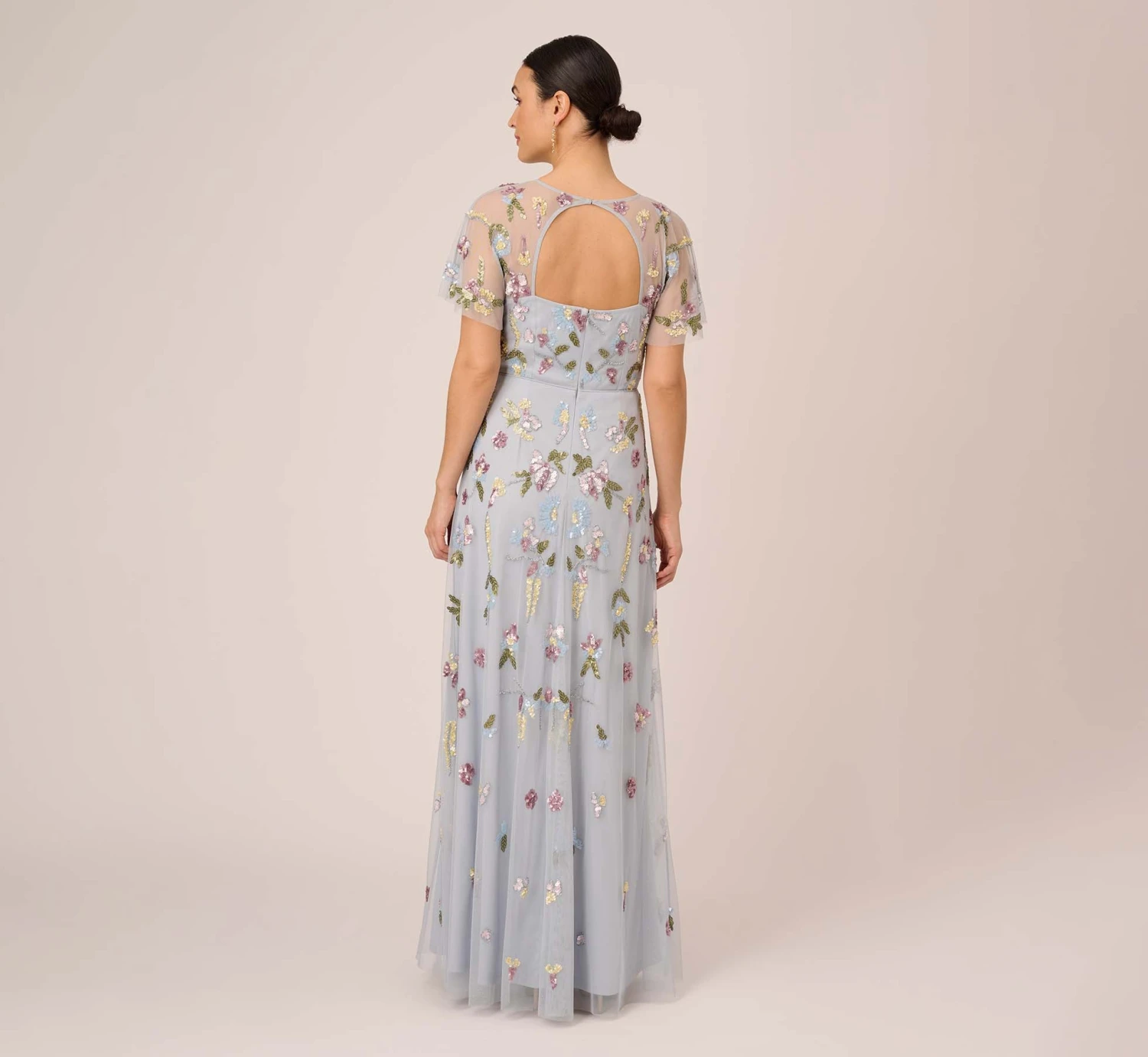 Adrianna Papell Floral Hand Beaded Illusion Long A-Line Gown In Glacier 7 Adrianna Papell Floral Hand Beaded Illusion Long A-Line Gown In Glacier - Image 5