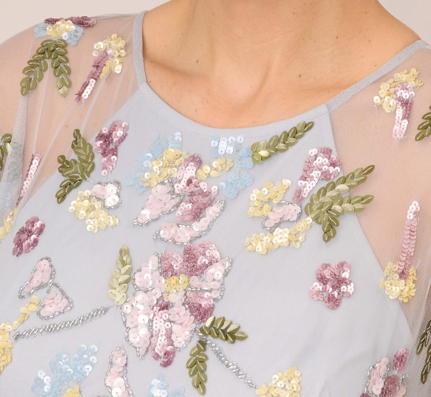 Adrianna Papell Floral Hand Beaded Illusion Long A-Line Gown In Glacier 5 Adrianna Papell Floral Hand Beaded Illusion Long A-Line Gown In Glacier - Image 3