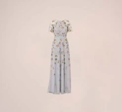 Adrianna Papell Floral Hand Beaded Illusion Long A-Line Gown In Glacier 15 Adrianna Papell Floral Hand Beaded Illusion Long A-Line Gown In Glacier -Adrianna Papell Shop AP1E210441 AF482 Regular Flat