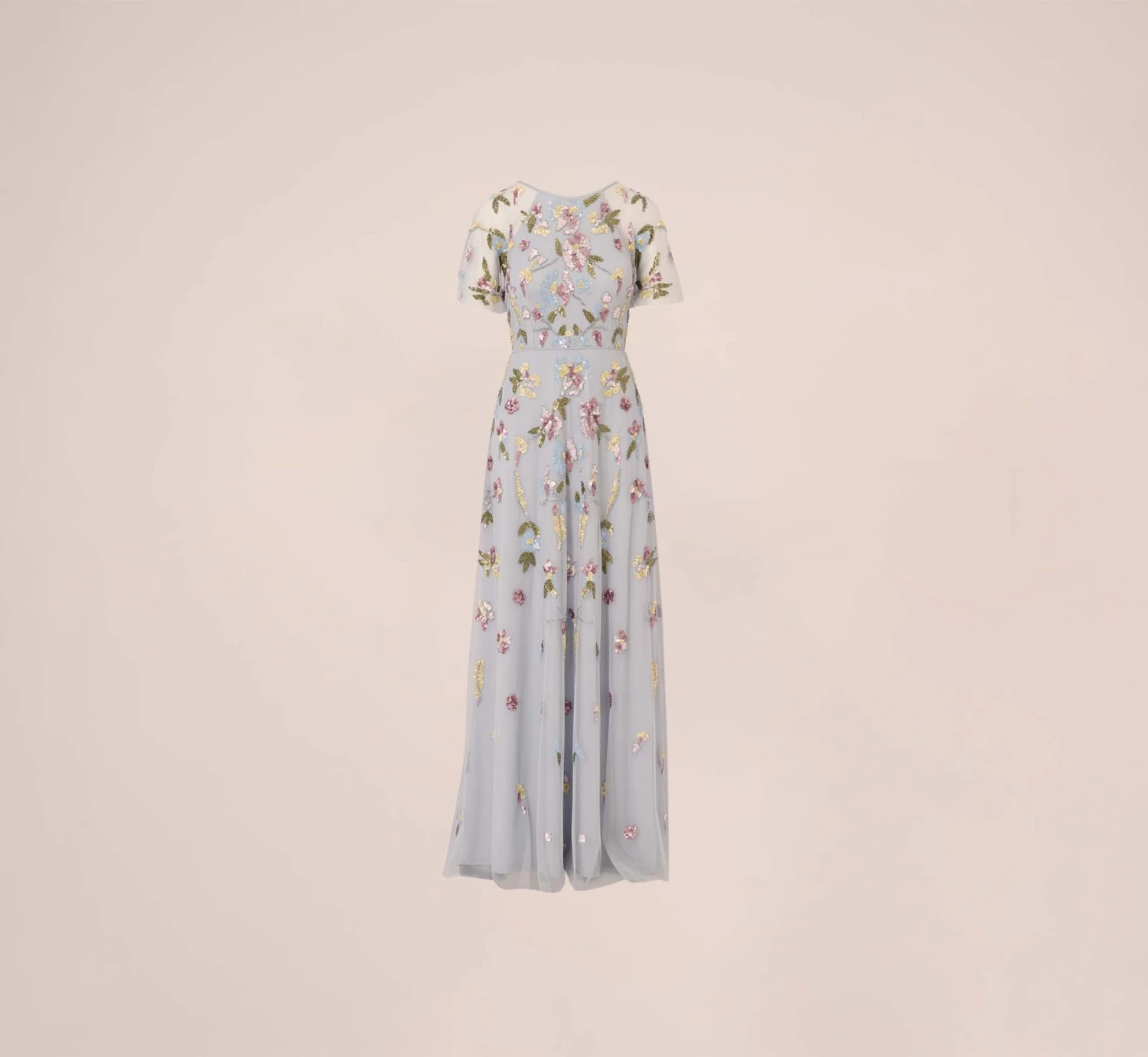 Adrianna Papell Floral Hand Beaded Illusion Long A-Line Gown In Glacier 9 Adrianna Papell Floral Hand Beaded Illusion Long A-Line Gown In Glacier - Image 7