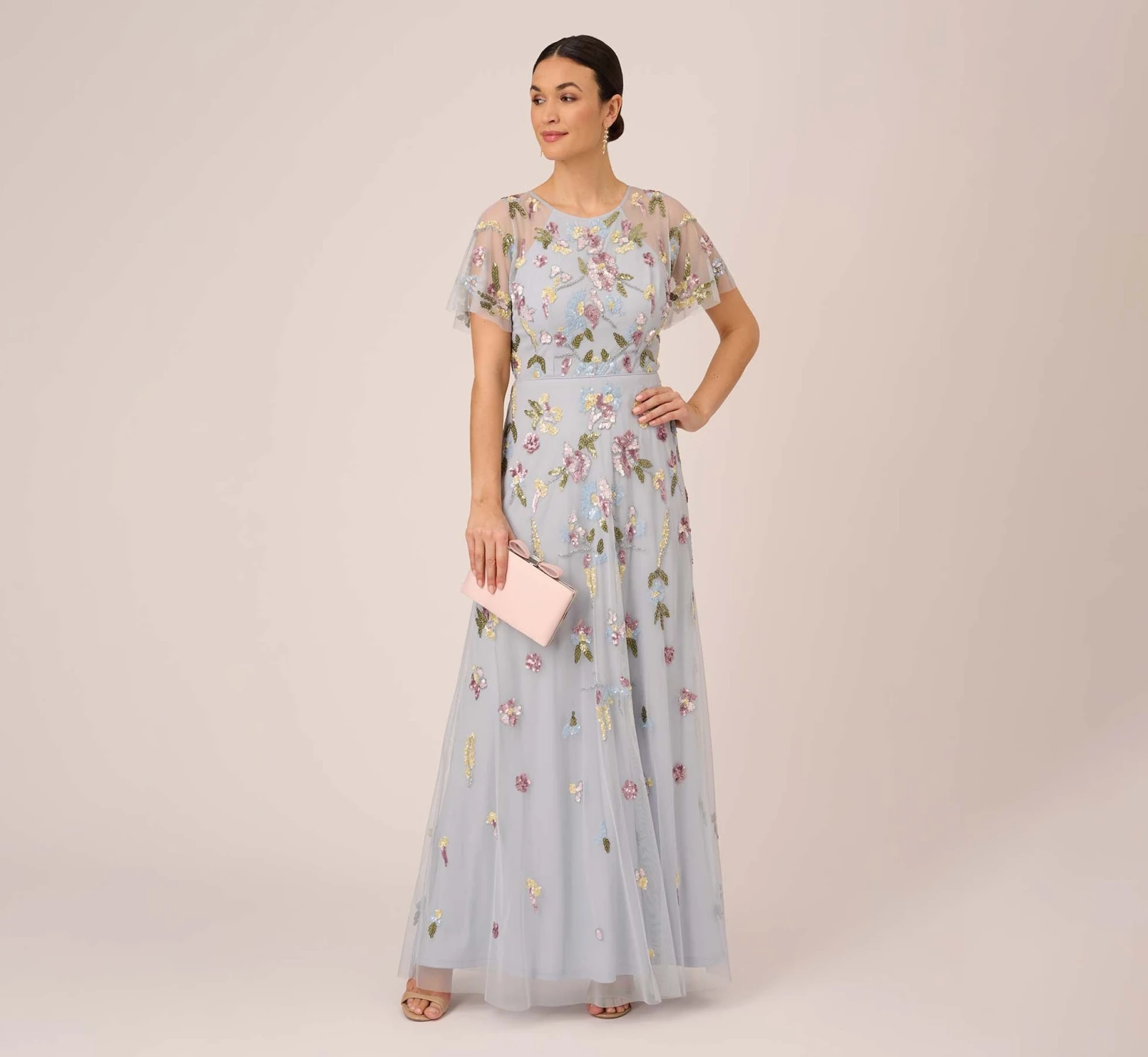Adrianna Papell Floral Hand Beaded Illusion Long A-Line Gown In Glacier 4 Adrianna Papell Floral Hand Beaded Illusion Long A-Line Gown In Glacier - Image 2