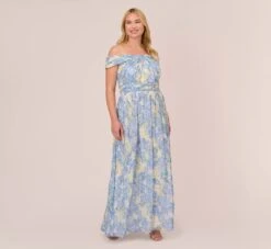 Adrianna Papell Plus Size Watercolor Floral Print Gown With Off The Shoulder Neckline In Blue Multi