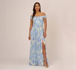 Adrianna Papell Watercolor Floral Print Gown With Off The Shoulder Neckline In Blue Multi