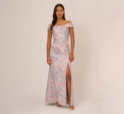 Adrianna Papell Metallic Floral Print Jacquard Gown With Off The Shoulder Neckline In Peri Multi