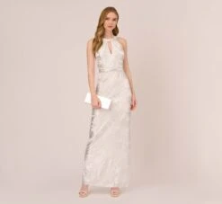 Adrianna Papell Foil Floral Embroidered Column Gown With Halter Neck In Ivory Silver