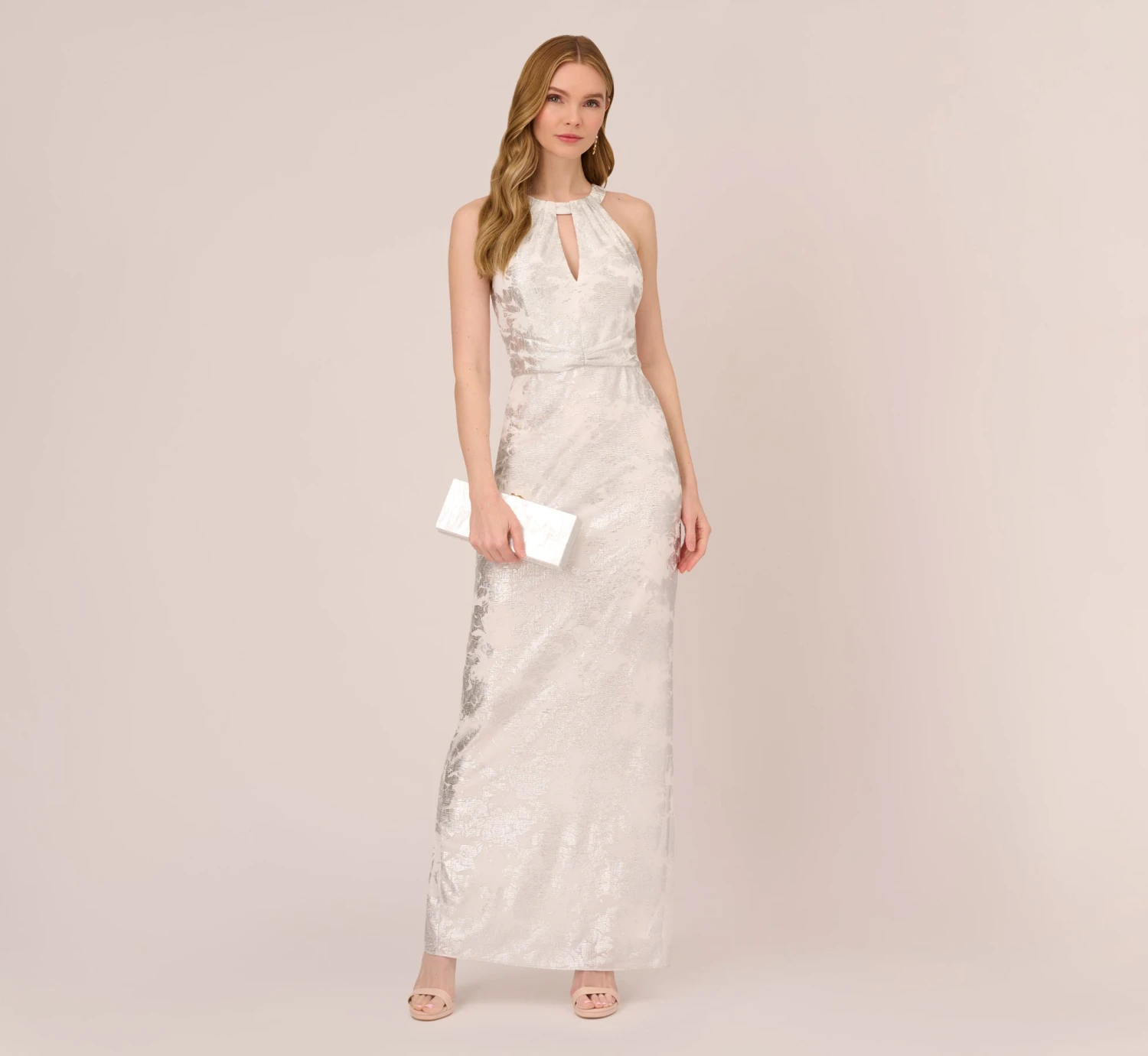 Adrianna Papell Foil Floral Embroidered Column Gown With Halter Neck In Ivory Silver