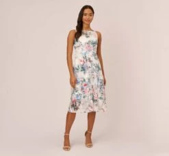Adrianna Papell Floral Printed Sleeveless Midi Dress With Sheer Details In Ivory Multi